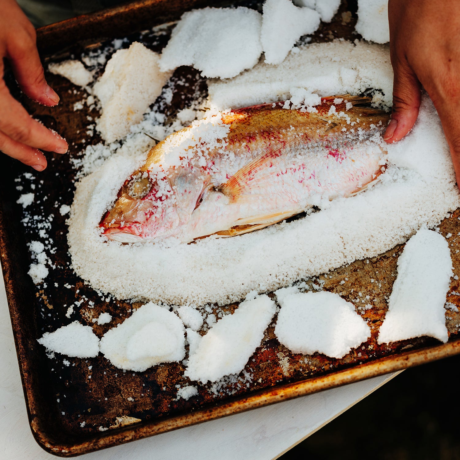 Fish being salted with Celtic Sea Salt on a baking sheet