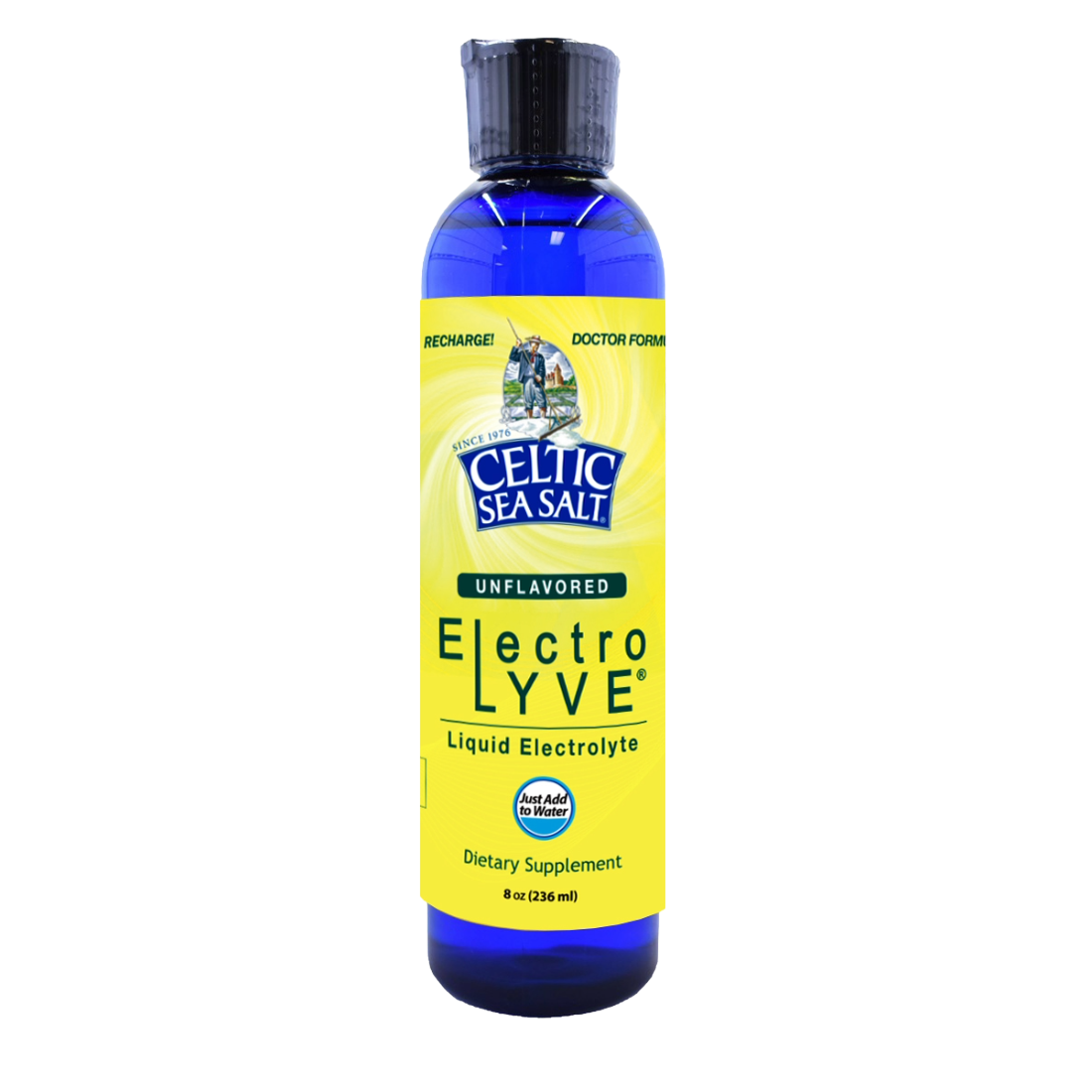 Bottle of Celtic Sea Salt Electrolyve Liquid Electrolyte on a white background