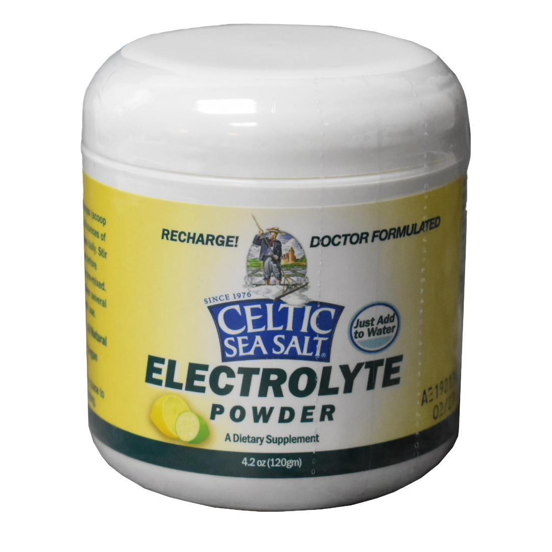 Jar of Celtic Sea Salt Electrolyte Powder on a white background